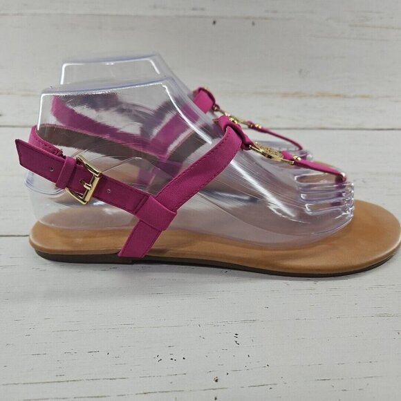 Tommy Hilfiger 8.5 Pink Faux Leather Gold Logo Thong Slingback T-Strap Sandals - Picture 3 of 9